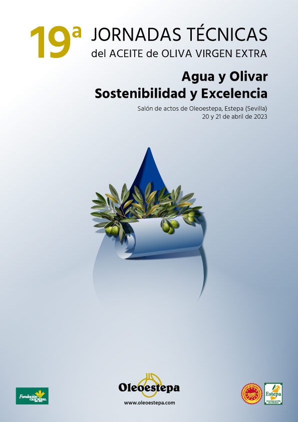 cartel vertical de las jornadas tecnicas aceite de oliva virgen extra oleoestepa que se celebran el 20 y 21 de abril de 2023 en el salon de actos de la cooperativa Oleoestepa, en Estepa (Sevilla)
